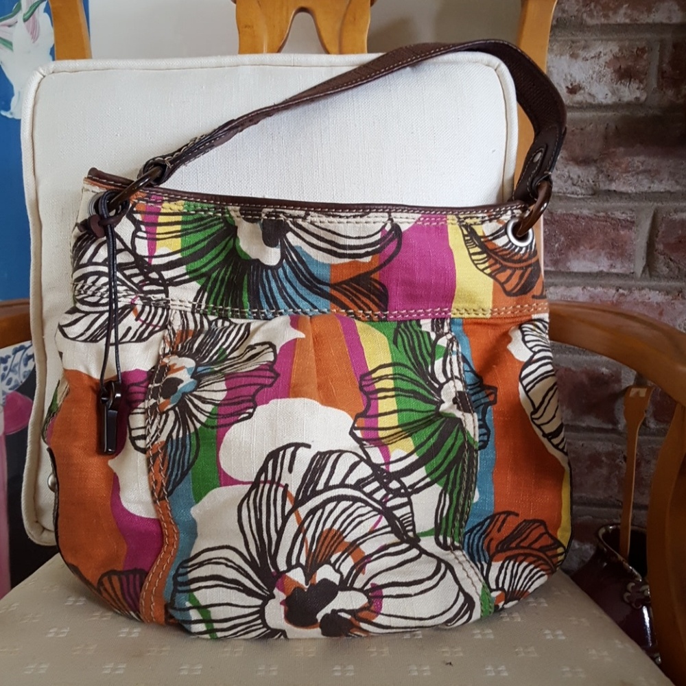 Fossil Floral Canvas Shoulder Bag in Brown, Orange, Green, Purple, Blue